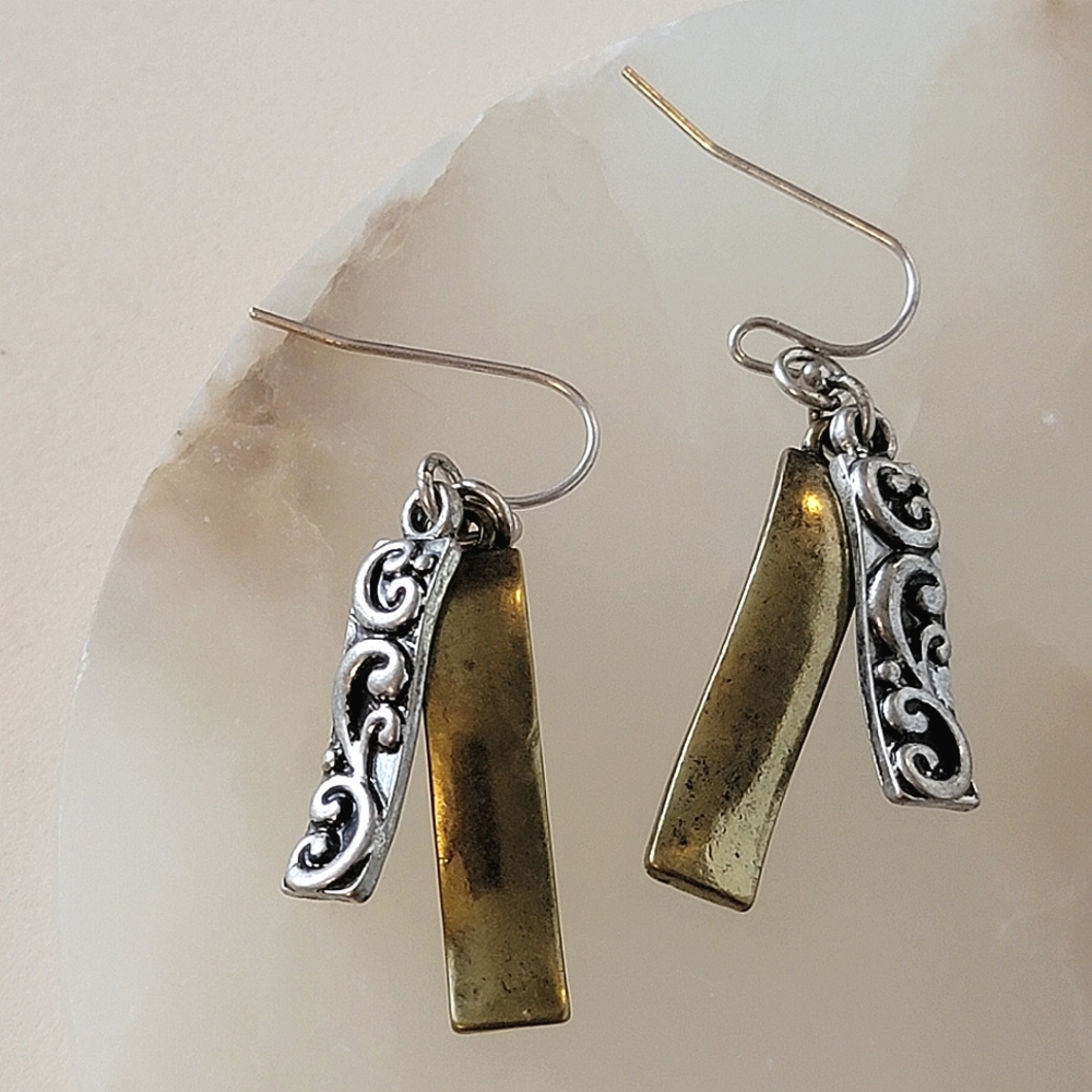 Two Tone Silver Scroll and Gold Bar Earrings